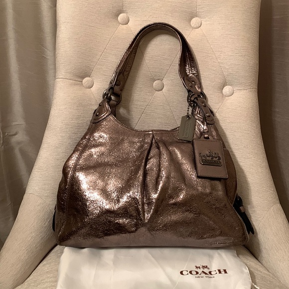 Coach Maggie Leather Metallic Hobo Shoulder Bag Gunmetal Grey 15259 - Picture 2 of 12